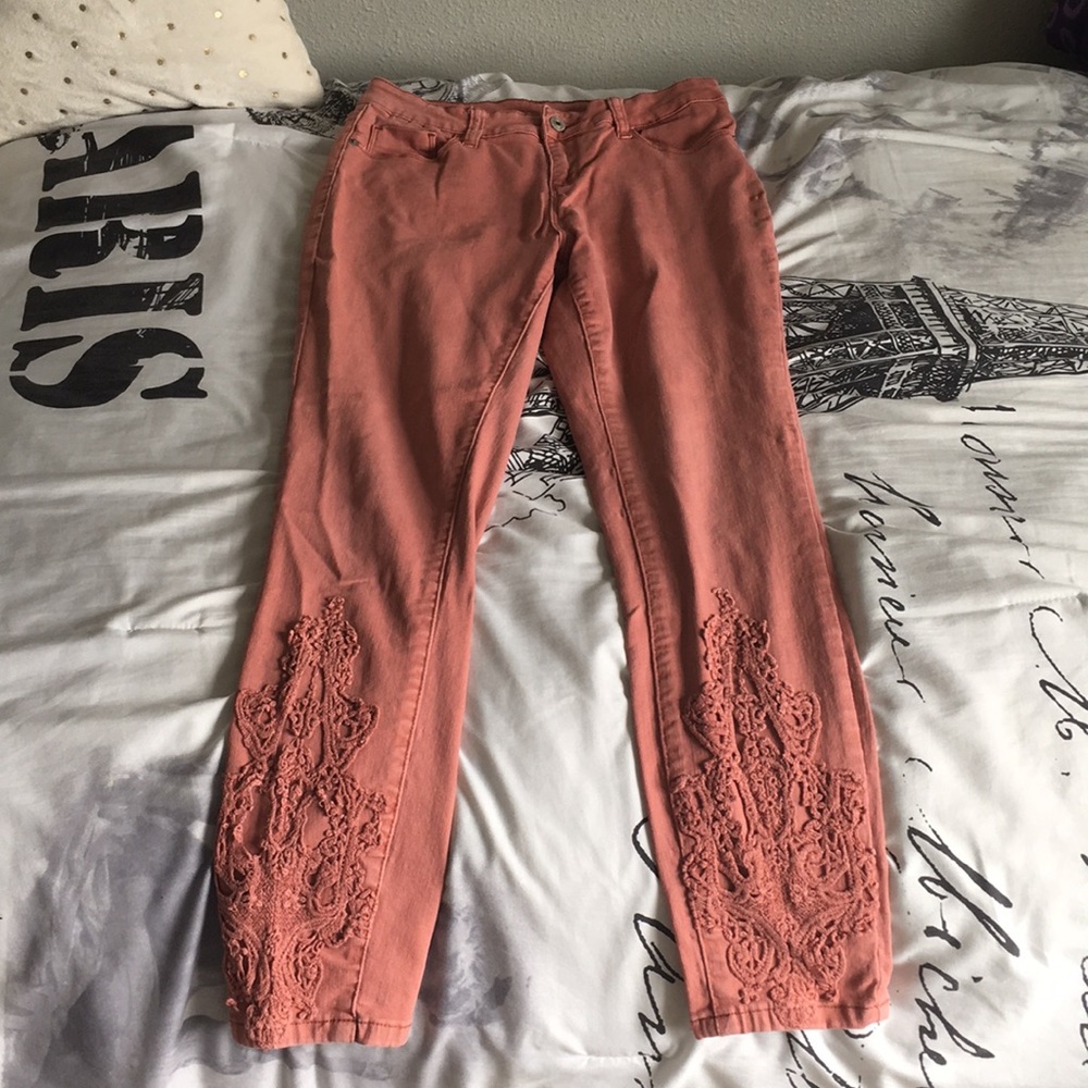 coral skinny jeans